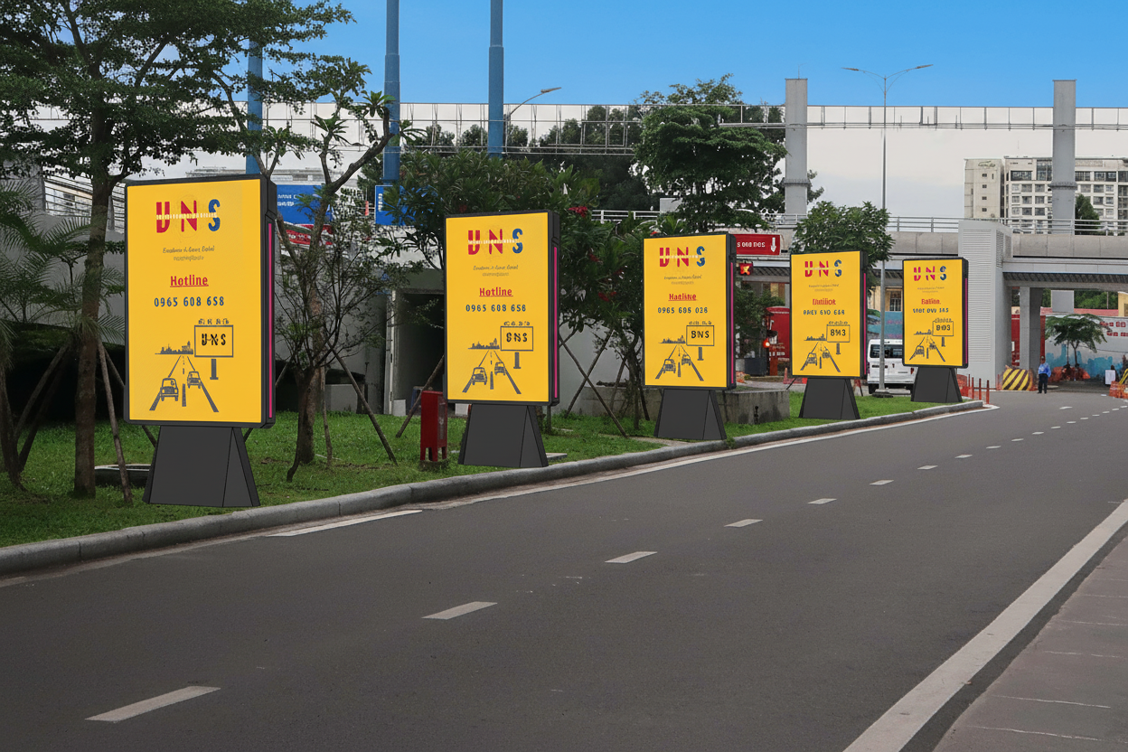 5 trụ màn hình Led khu vực bên trái sân đậu ô tô giáp vòng xuyến giao thông hình tròn